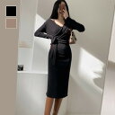 女性らしさを引き立てるカシュクールニットワンピース 大人 きれいめ 膝丈ワンピース タイトワンピース 長袖 夏 フェミニン Vネック 韓国ファッション トレンド 結婚式 フォーマル オフィス パンツ ドレス