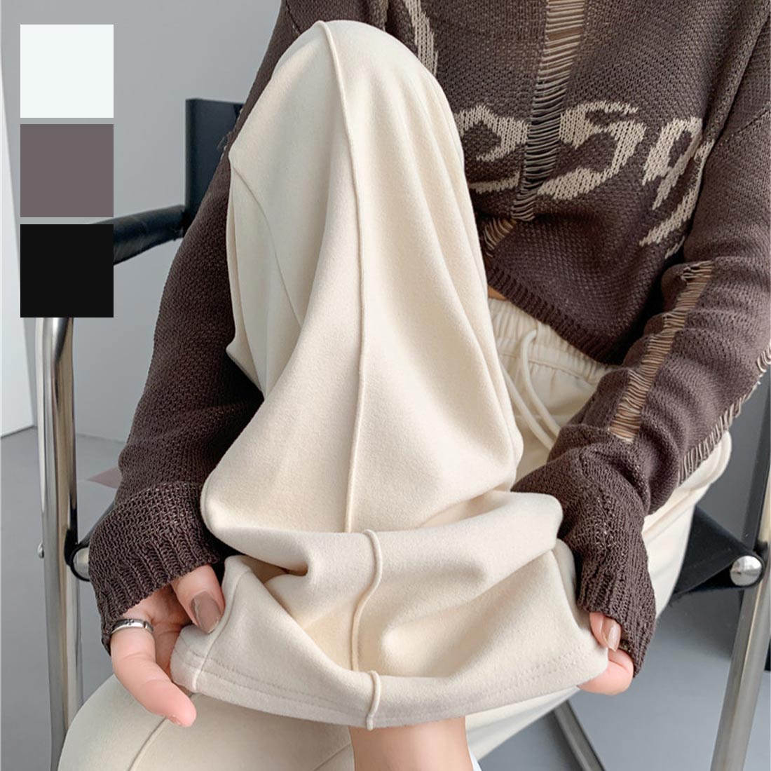 寒い時期でもオシャレに着こなせる裏起毛ウエストゴムストレートパンツ　カジュアル　ストリート　韓国　大