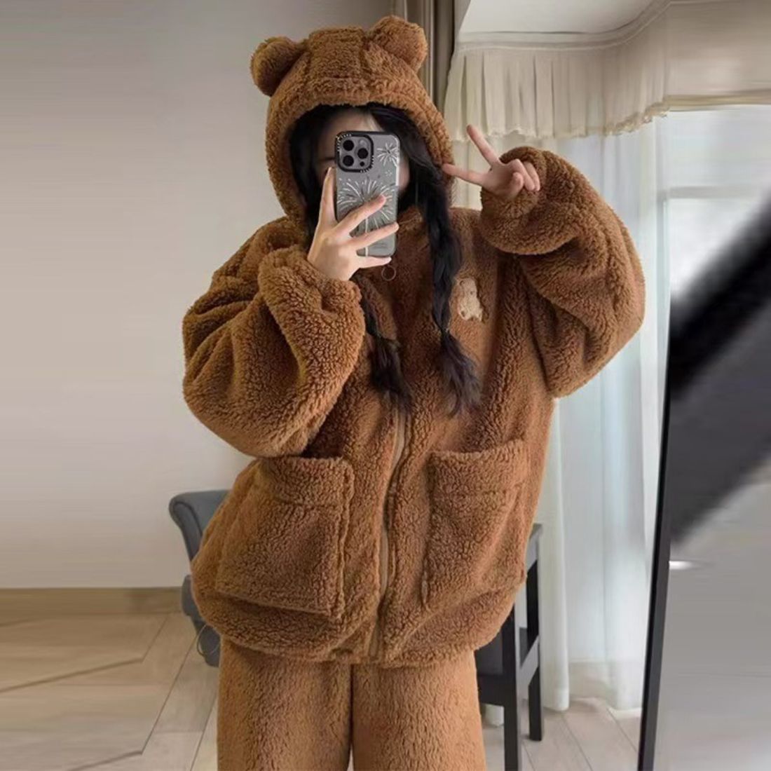 くま フード付きフリース パジャマ レディース 秋冬 厚手 カップル用 ホームウェア ぬいぐるみ 上下セット 可愛い ルームウェア 見た目可愛い