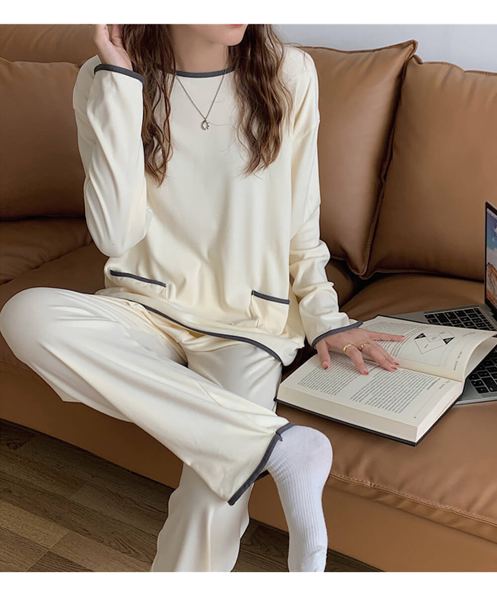 暖かい パジャマ パイピング 柔らかい 可愛い 長袖 シンプル 大人可愛い ロンT秋 秋服 韓国ファッション