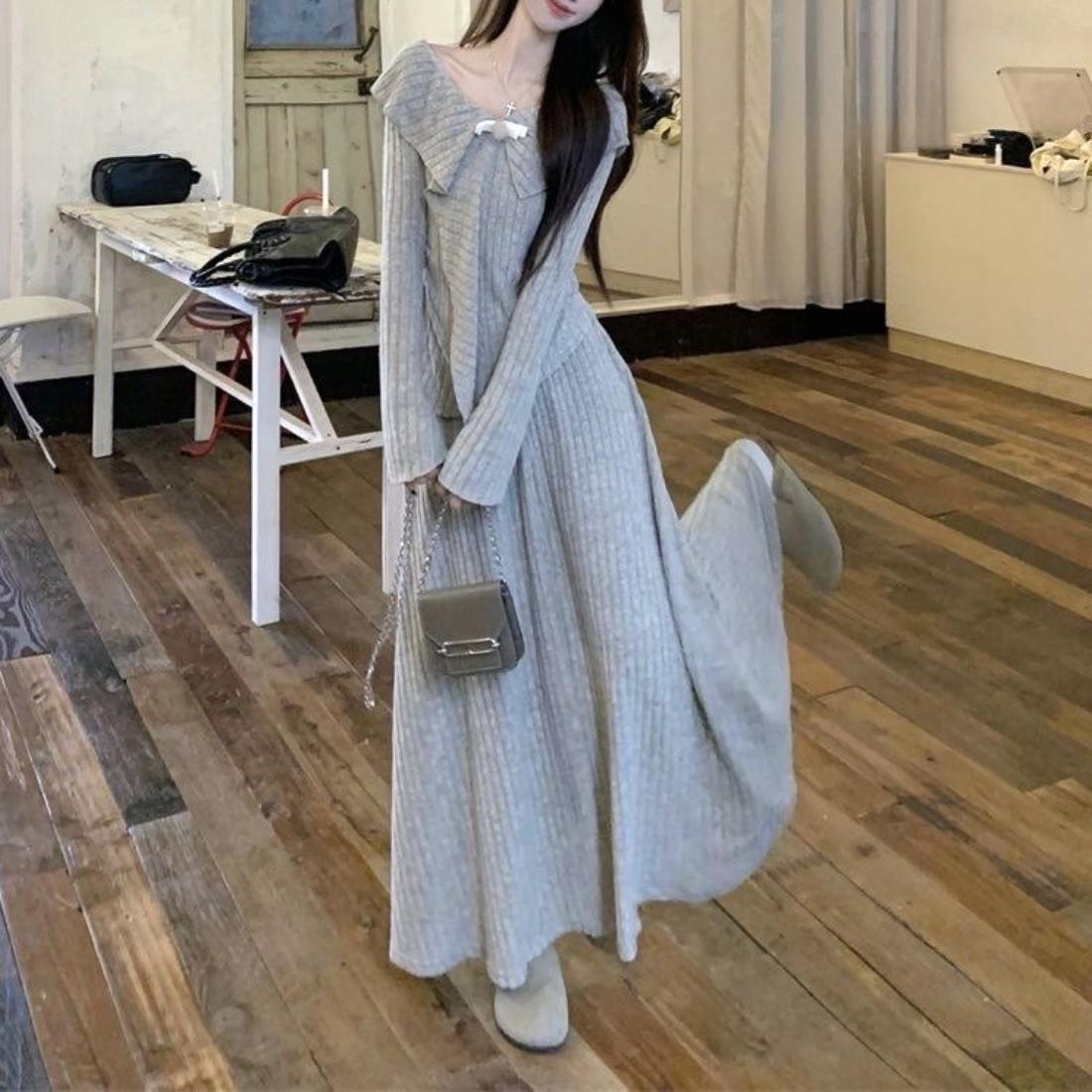 ナチュラルで上品なセットアップ トップス スカート リブニット 春服 抜け感 フレア 立体感 バルーン シアー素材 レース 春服 ロング マキシ丈 スタイルアップ トレンド 韓国風 伸縮性 フリルカラー Vネック