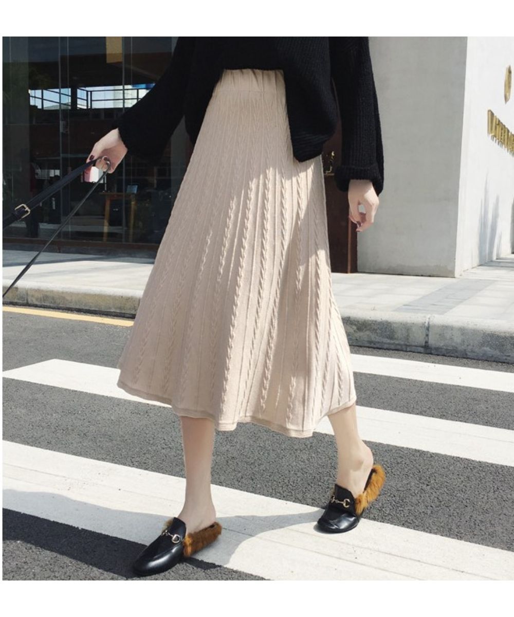 ミドル丈で女性らしいニットフレアスカート 可愛い 綺麗めカジュアル春 春服 韓国ファッション 3