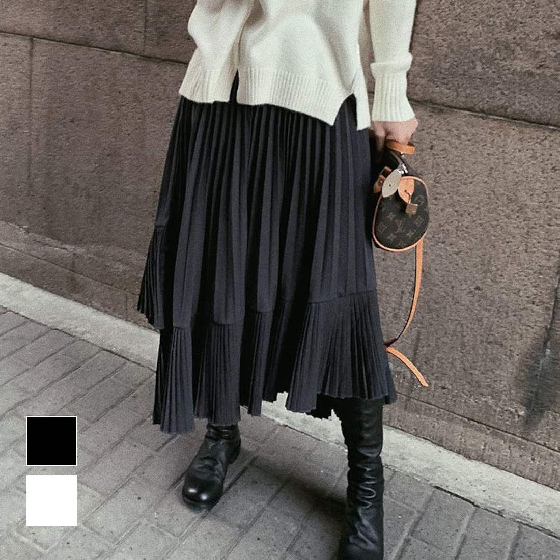 大胆なシルエットが華やかなランダムプリーツロングスカート　大人　上品　女性らしい　フェミニン　アシン