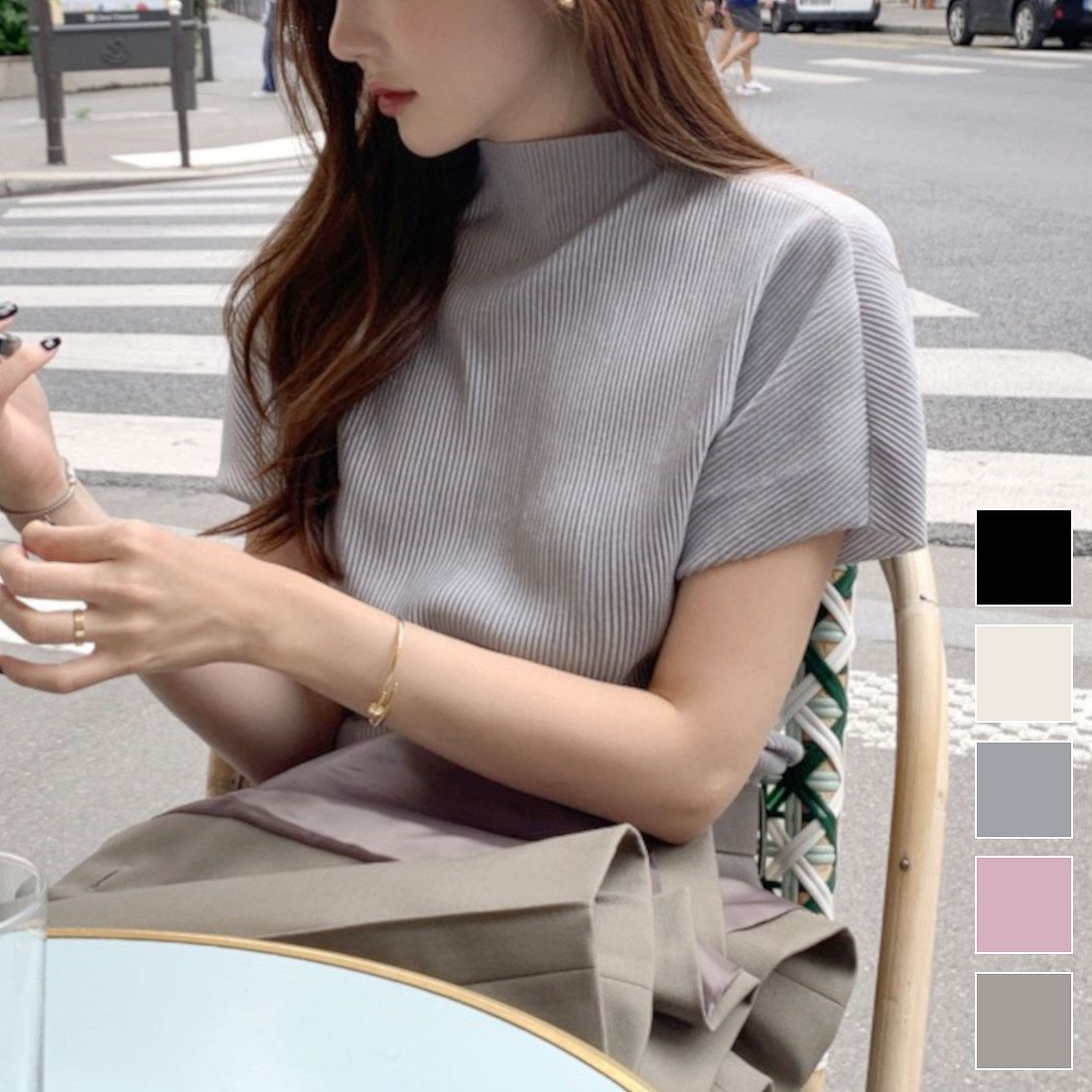 さらりとした素材感がオフィスシーンあうプルオーバー トップス 半袖 Tシャツ レイヤード インナー ハイネック 大人 女性らしさ おしゃれ 華やか 美ライン 華...