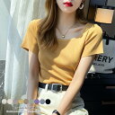 スクエアネックで大人ぽく半袖リブニット夏 夏服 韓国ファッション