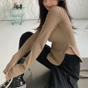 裾デザインが可愛いUネックスリットTシャツ 長袖 無地 夏 重ね着 インナー 薄手 着回し ルームウェア