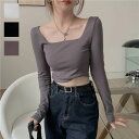 幅広いスタイリングに活躍する長袖トップス ショート丈 ミニ丈 クロップド丈 スクエアネック シャープ フィット スリム 美ライン 抜け感 肌見せ カジュアル キ...