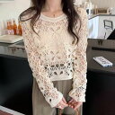 夏でもさらっと着こなせるクロシェ編みトップス 長袖 クルーネック ナチュラル 通気性 クロップド丈 フェミニン カジュアル キレイめ お出かけ 抜け感 こなれ感 レイヤード おしゃれ 華やか クロシェット サマーニット レース