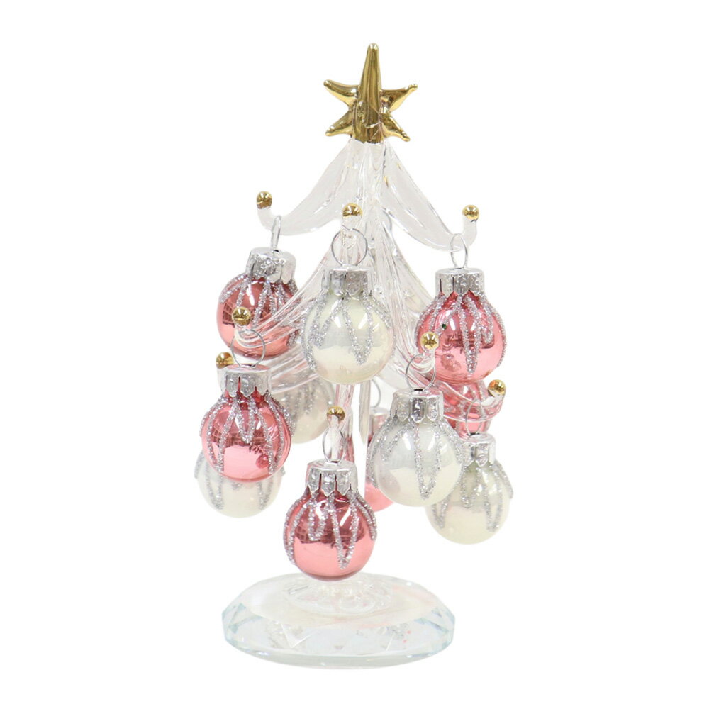 ガラスツリー ピンク&ホワイト 高さ13cm / クリスマス ガラス ミニ ツリー おしゃれ 飾り かわいい オ..
