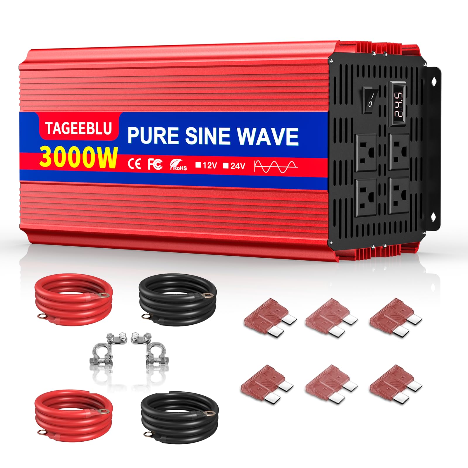 TAGEEBLU 3000W 24v インバーター 正弦波, 24V DCから100V AC 車 インバーター 50/60Hz切替可能 防災 車中泊 自動車 船 キャンピングカー用 非常用電源用