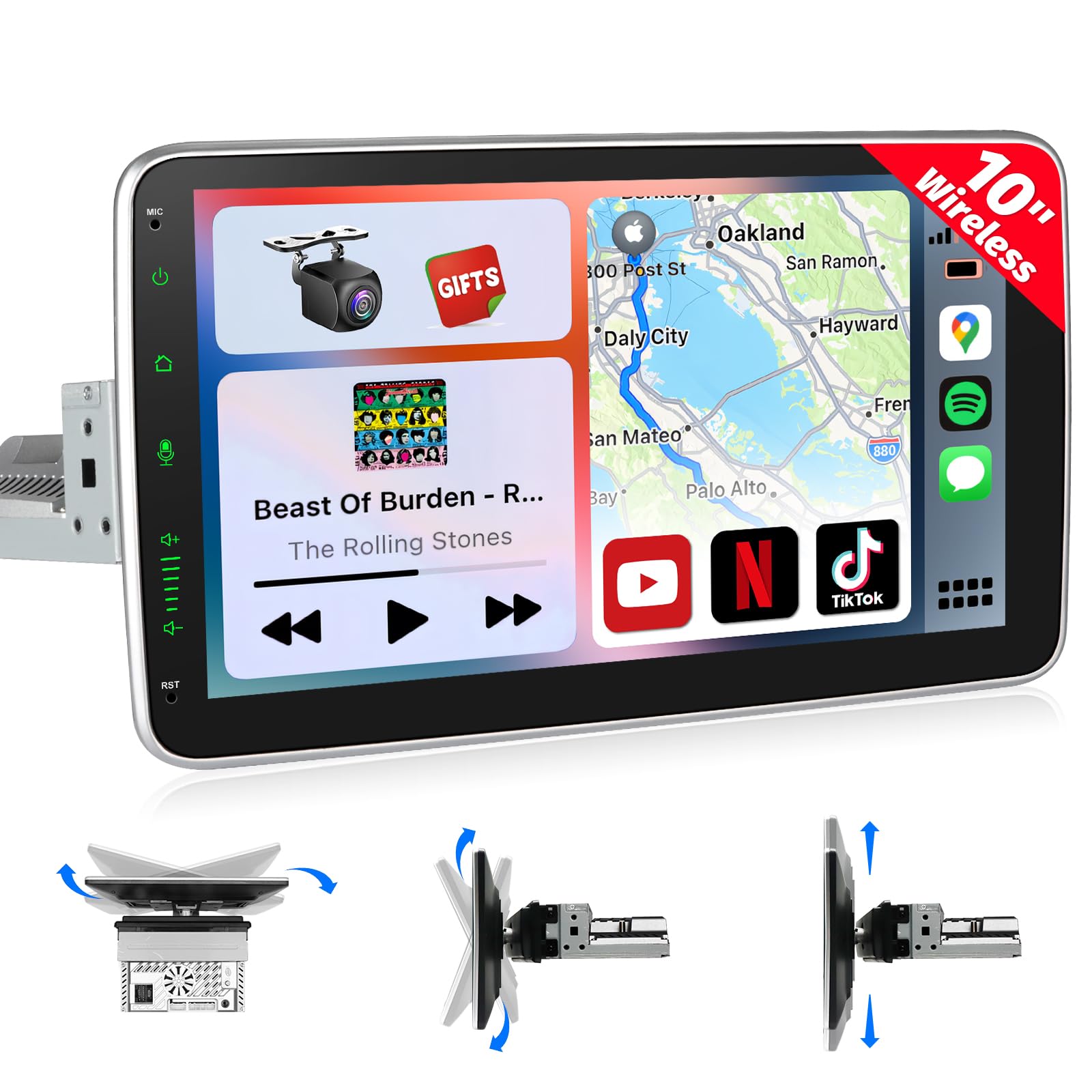 1DIN&10.1インチ ディスプレイオーディオ 無線CarPlay+AndroidAuto対応:スマホ連携でナビゲーションする バックカメラ連動、映像出入力、ステアリングコントロール ラジオ/アンプ/WiFi/Bluetooth音樂・通話/RCA/日本F