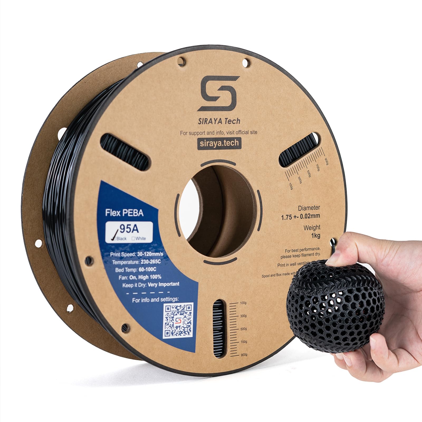 Siraya Tech Flex Rebound PEBA 95A ブラック ・ 高弾性PEBA 3Dプリントフィラメント、柔軟性と耐衝撃性、スポーツギア、ウェアラブル機器、動的部品に最適（ブラック, 800g）