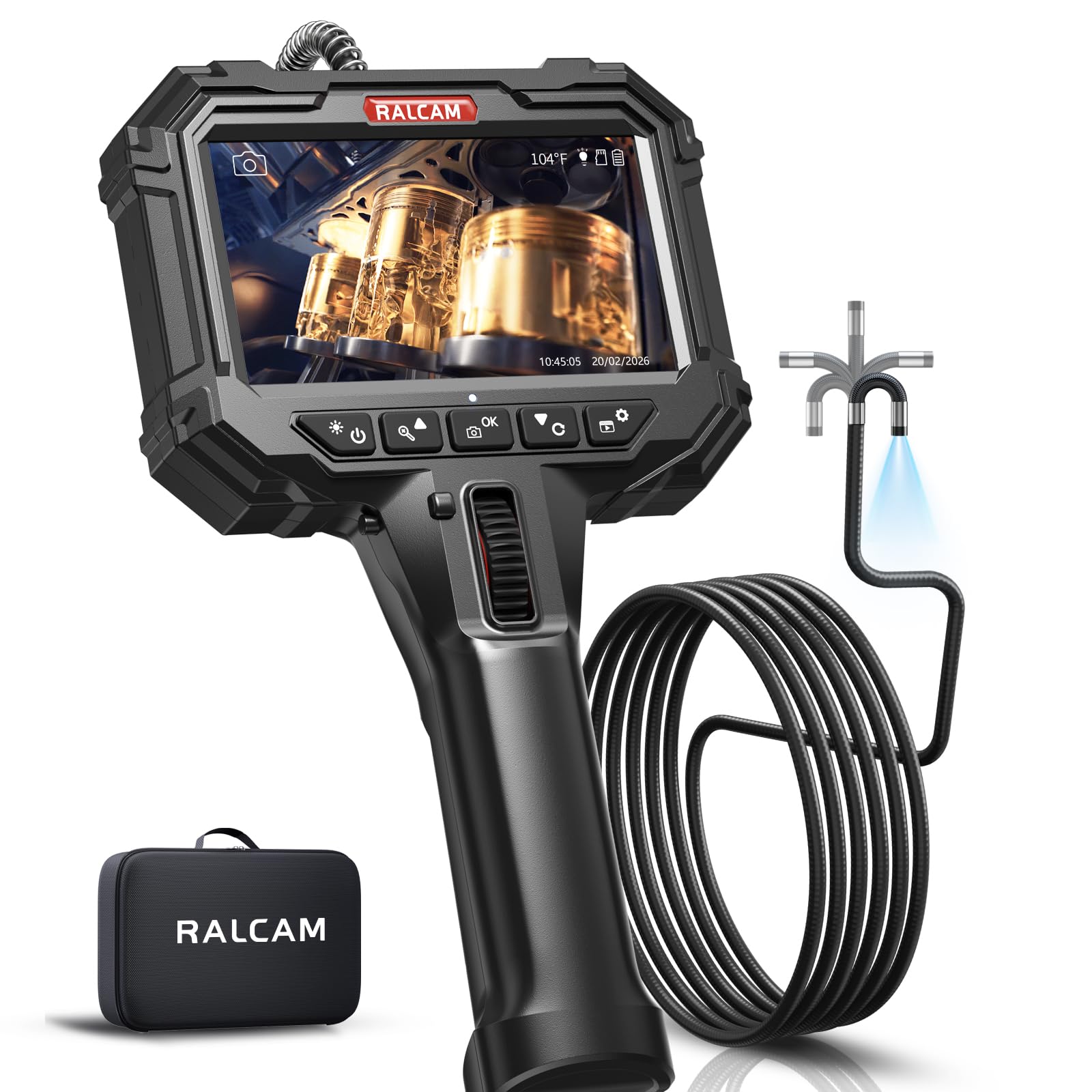 Ralcam先端可動式ファイバースコープ 8.5mmスコープカメラ 5インチIPS液晶モニター 検査カメラ IP67防水 配管カメラ 高輝度LEDライト付き 精密機械 配管/排水口/ガス管補修 掃除 設備の点検 日本語対応 (8.5MMレンズ)
