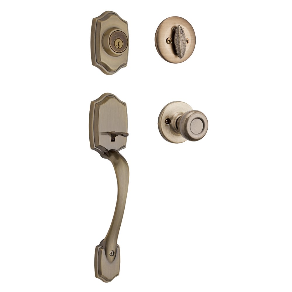 Kwikset Belleview フロントドアロックハンドルとデッドボルトセット、エントリーハンドルセットエクステリア、内部ドアノブ付き、アンティーク真鍮、耐ピックスマートキーキー再生デッドボルトセキュリティ