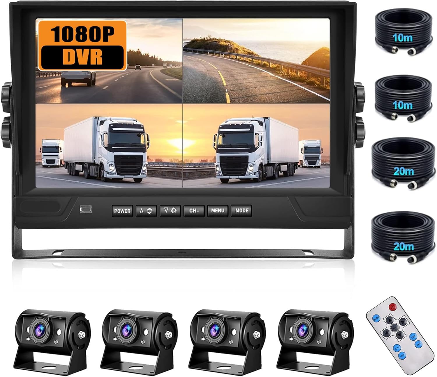 Auometo 9インチドラック用ドライブレコーダー1080P画質 4画面分割オンダッシュモニター 録画機能付き 広角対応 DVR対応 IP68防水 ナイトビジョンカメラ 12-36V兼用 4個カメラ付きセットキャンピングカー/トラック/トレーラー/バス用