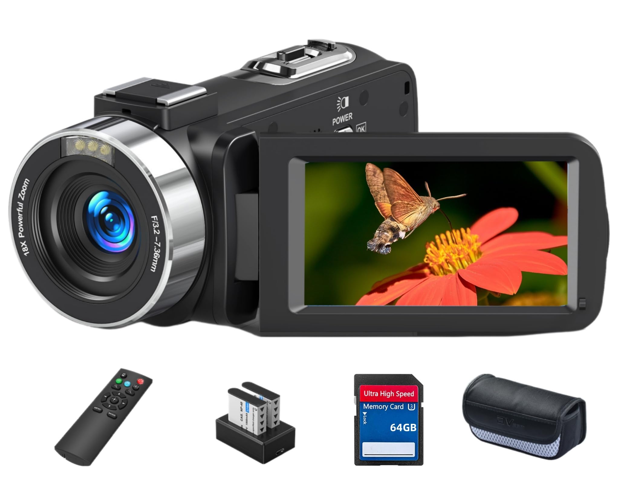 ビデオカメラ 8K HDMI出力WIFI機能6400万画素18倍デジタルズームYouTubeカメラ 3インチタッチモニター IRナイトビジョン機能vloggingカメラ2.4Gリモコン予備バッテリー64GBのSDカード付属日本語システム+説明書（ベシックセ