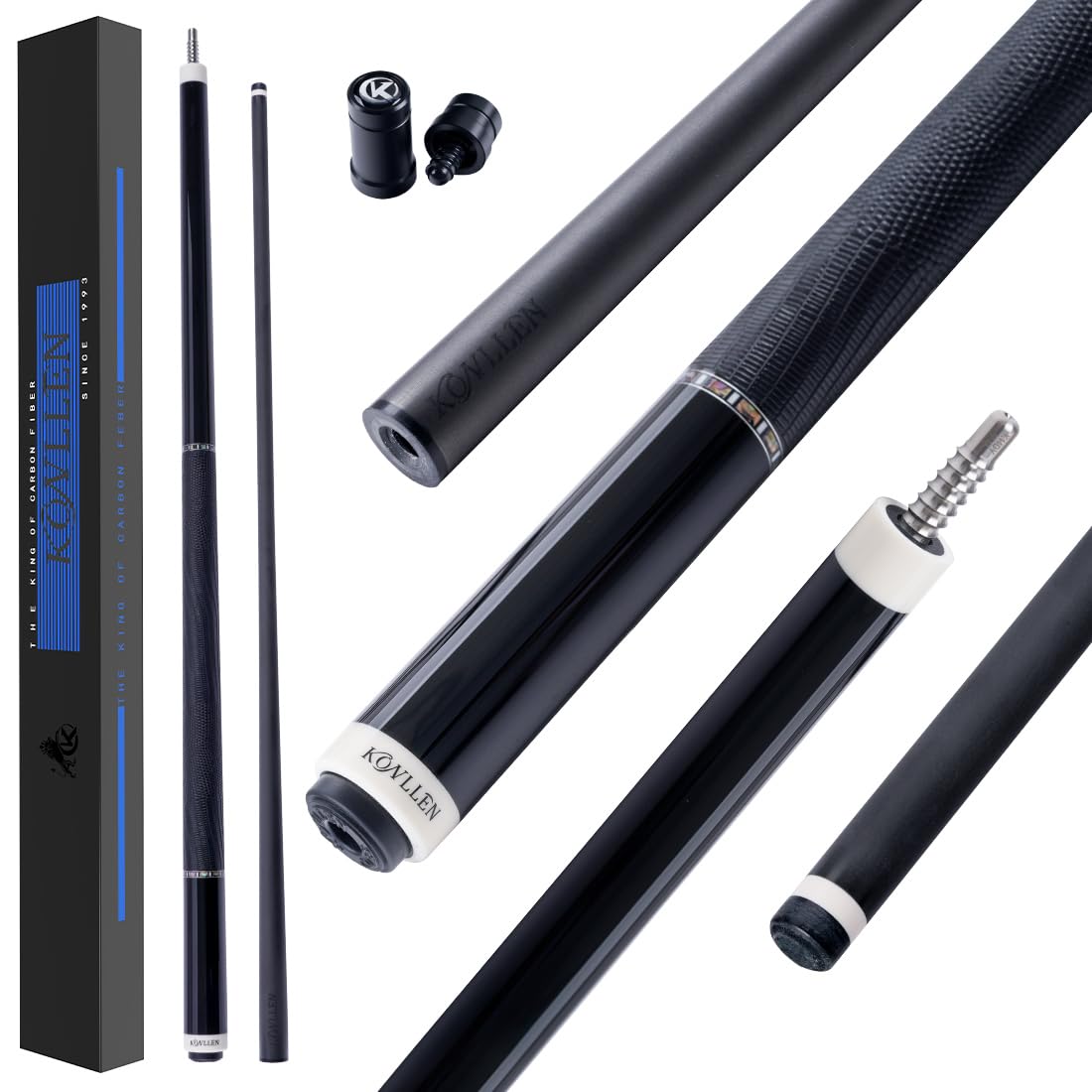 KONLLEN カーボンファイバープールキュー Low Deflection シャフト プロテーパー設計 エボニーインレイ 11.8mm / 12.5mm 調整式ウェイトシステム 競技向け 高精度