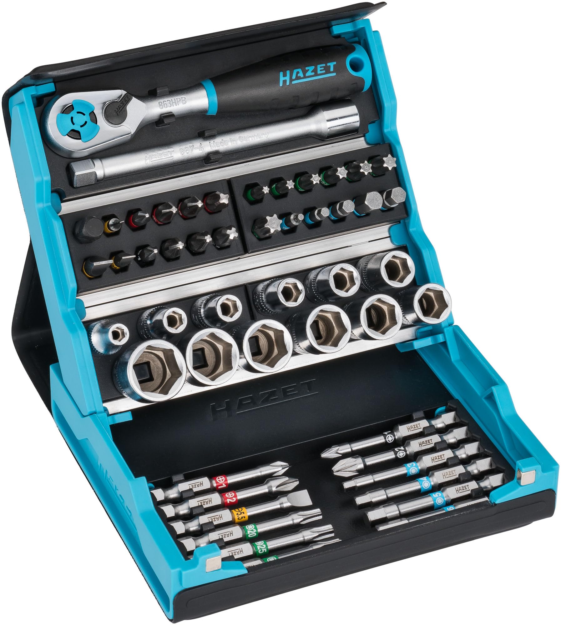 HAZET(ハゼット) 2200SC-2 ソケットレンチセット 工具セット スマートケース 整備 ラチェット付き 50点 プロ用 差込角1/4インチ(6.3mm) 六角/四角ビット DIY 自動車/バイク/メンテナンス 工具箱 ドイツ製 正規品