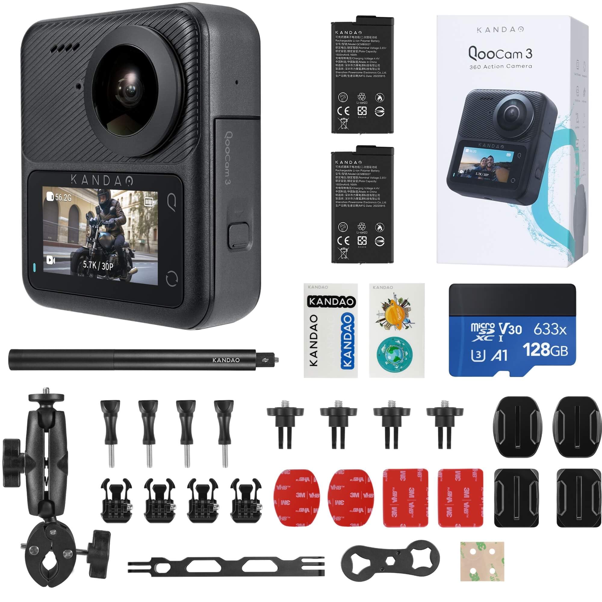 KanDao Qoocam 3 アクションカメラ 5.7K 62MP 360度スポーツカメラ バイクマウント付き デュアル1/1.55"センサー 60fps ビデオカメラ 手ブレ補正 360度水平維持 WiFi搭載 タイムラプス夜間撮影 自撮り棒付き 12