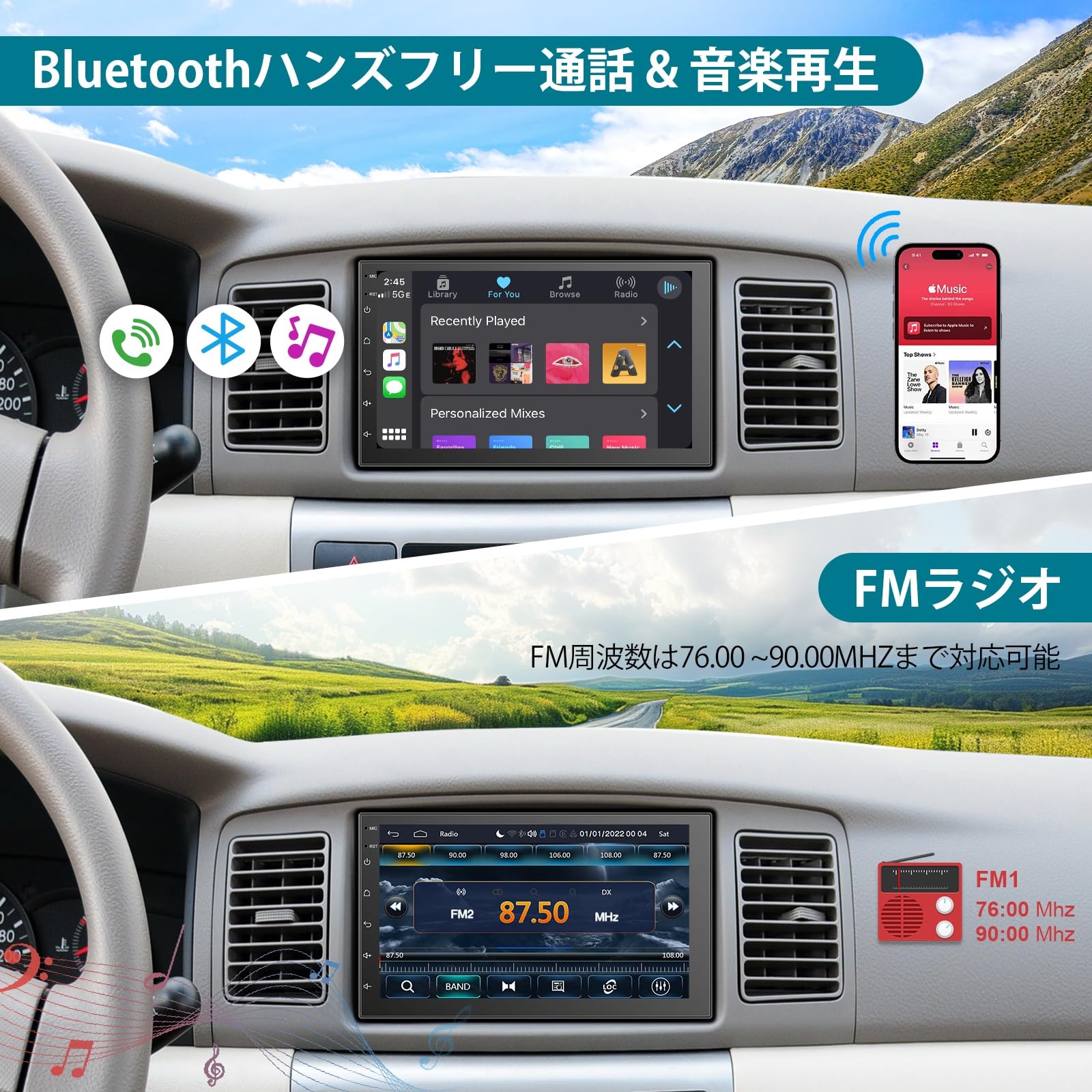 2DIN 7インチカーオーディオ統合ナビゲーション,30バンドEQ,1024 x 600pディスプレイ,ステレオ受信機,スマートフォンに接続されたワイドFM/AM,有線/無線CarPlay/AndroidAuto＆ミラリング,リアカメラ