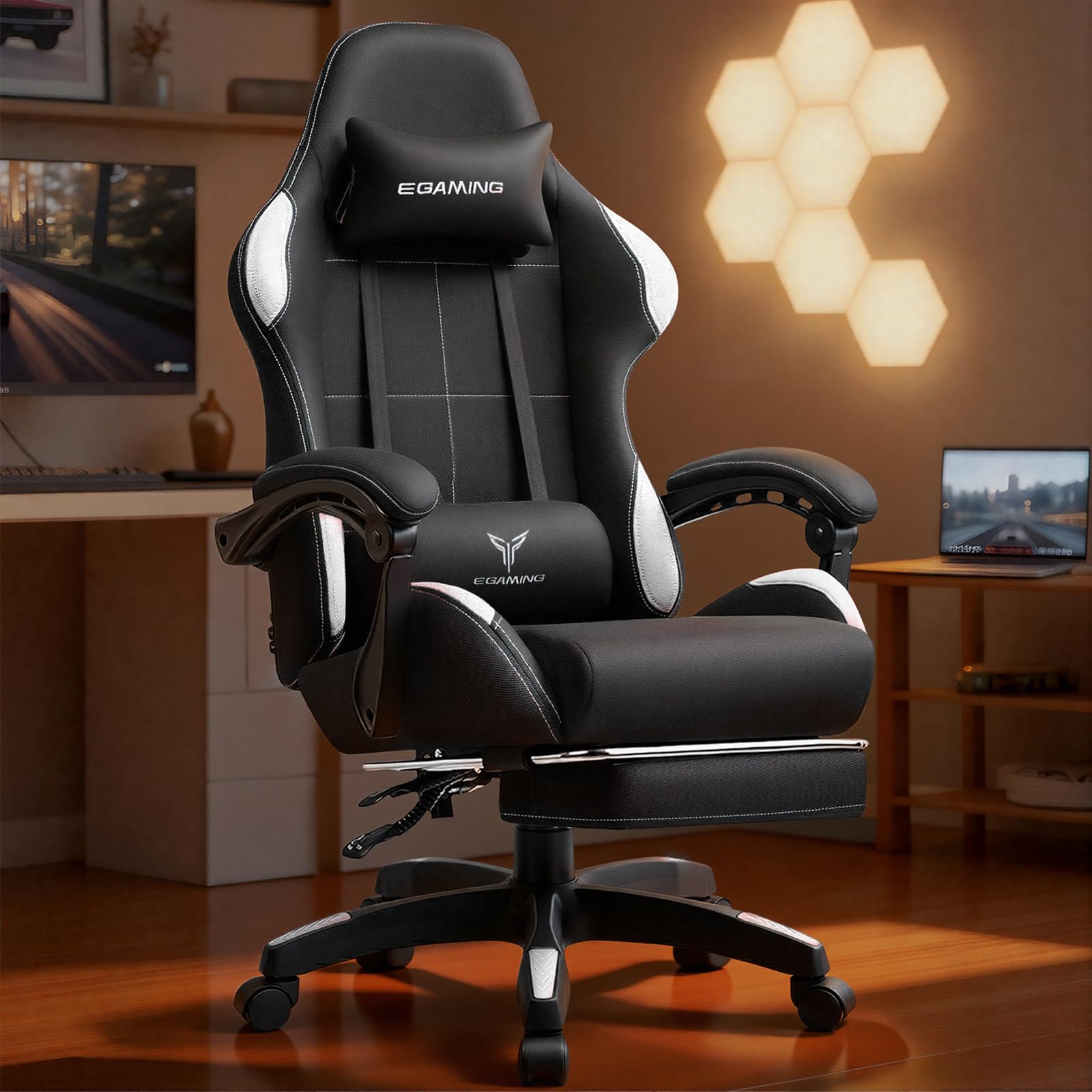 LUCKRACER ゲーミングチェア ファブリック 人間工学 腰痛対策 椅子 イス 90°~135°リクライニング テレワーク pcチェア デスクチェア 蒸れない 夏でも涼しい ソファーの座り心地 (DarkBlack)