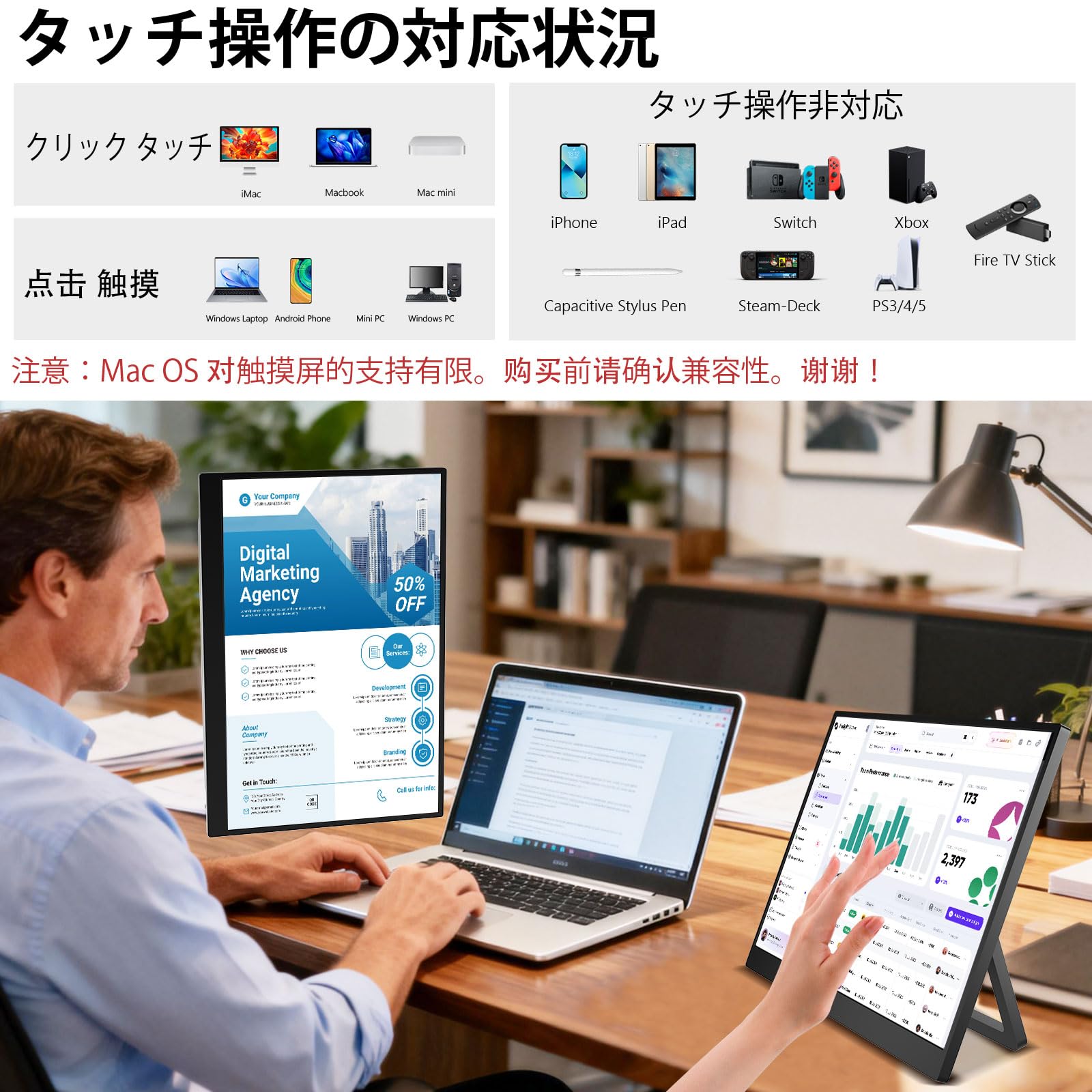 15.3インチ タッチ対応ポータブルモバイルディスプレイ 1920×1200 IPSパネル 超薄型・軽量で持ち運びに便利 一体型スタンド USB-C/HDMI プラグアンドプレイ リモートワークや出張に最適 セカンドディスプレイ Mac、ノートパソコン、S maison-outre-10080405 Maison Outre サンプル画像3