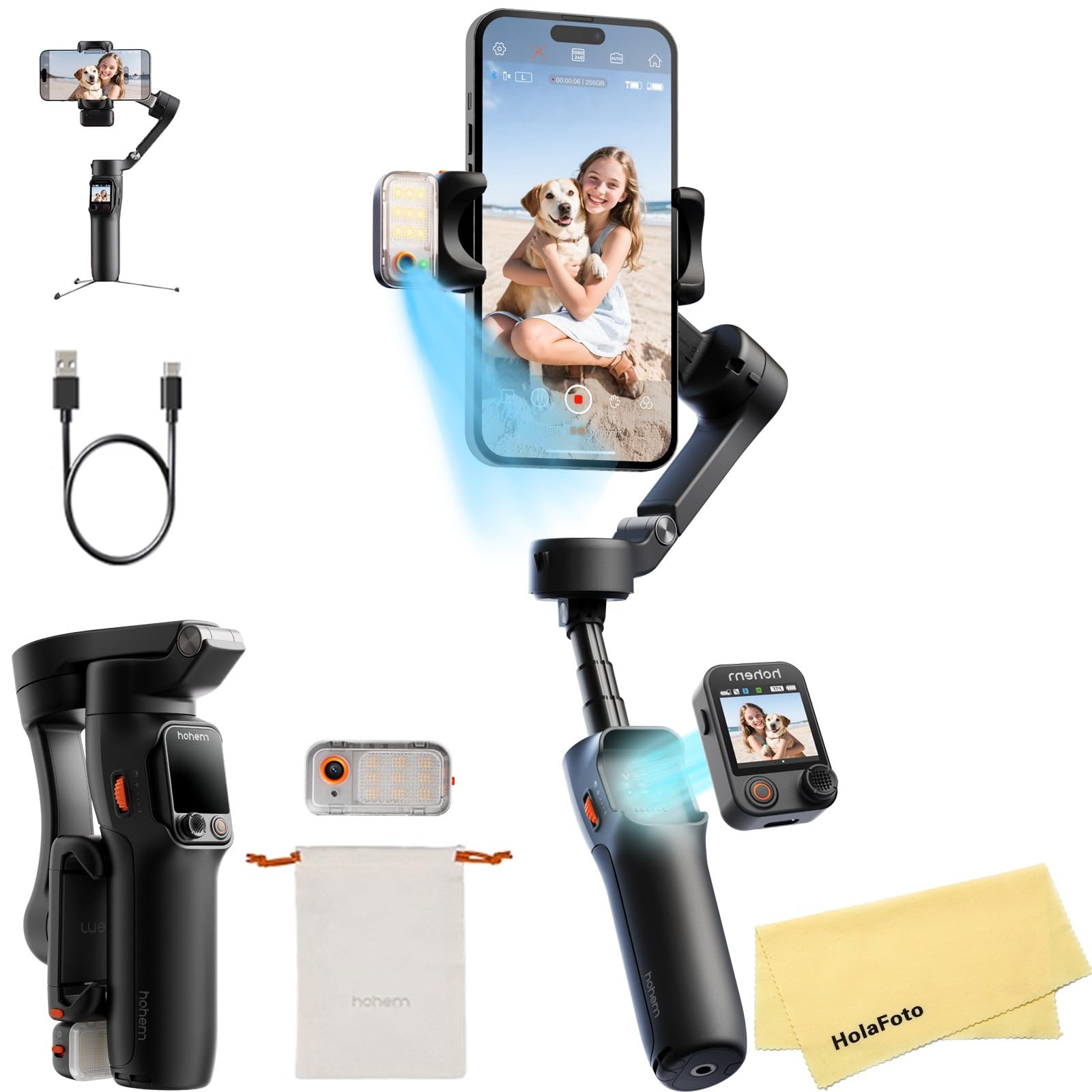 Hohem V3 Ultra ジンバルスタビライザー (iPhone、Android スマートフォン用) AIトラッキング、内蔵延長ロッド&三脚、フィルライト、取り外し可能なタッチスクリーンリモコン付き、YouTube、TikTok、Vlog用