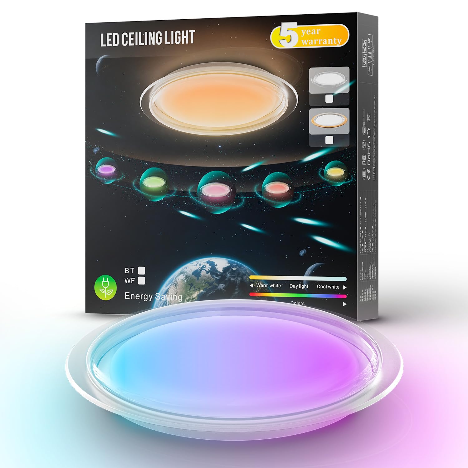 GHETTALINN LED 音楽シーリングライト 5年保証 16畳 65W 直径55センチ WiFi接続 alexa対応 音声/APP制御 内蔵のBluetoothスピーカー RGBライト 明るい 調光調色 スマートホーム照明 高・度 リモコン付き 雰