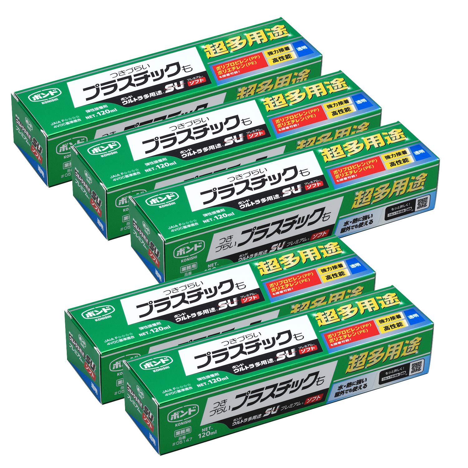 ・個装形態:箱・性状:シリル化ウレタン樹脂系無溶剤形・色調:クリヤー・性状:粘度40~100Pa・s(23℃)・NET(個装):120ml・個装サイズ:W50×D39×H191・個装重量:194g・用途:屋内・屋外・凹凸面・水回りでの接着と補修に説明 【特長】 ●健康住宅対応、透明、プラスチック(PP・PE)もOK、曲げ・衝撃に強い、水に強い、高性能、用途広い、無溶剤 【用途】 ●ポリプロピレン(PP)・ポリエチレン(PE)の強力接着 ●広範囲の材料に使える ●屋内外・凹凸面・水まわりでの接着と補修 ●膨張係数の異なる材料同士の接着