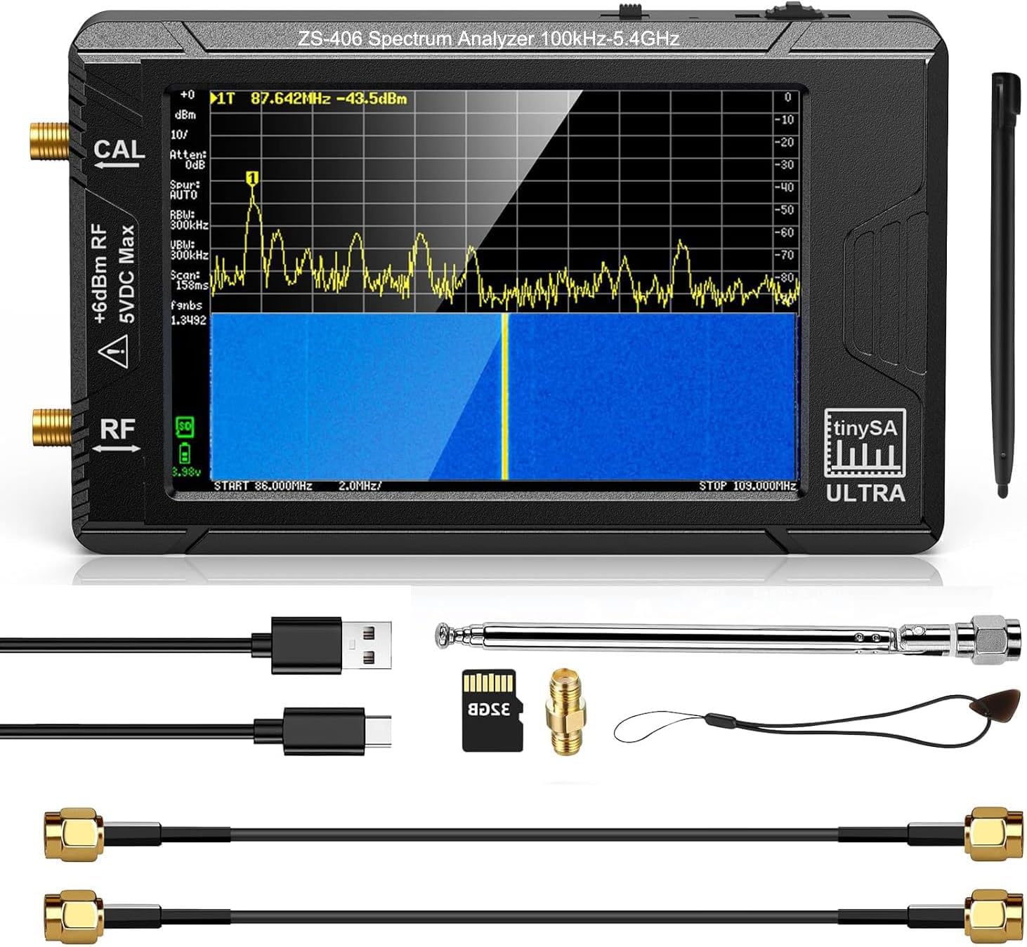 TinySA Ultra+ ZS406 のスペクトルの検光子、32GB カード、2in1 信号の発電機 MF/HF/VHF UHF の入力が付いている 5.4GHz 手持ち型の小さい頻度検光子への 4.0 インチ 100kHz、V0.4.6.1、2025