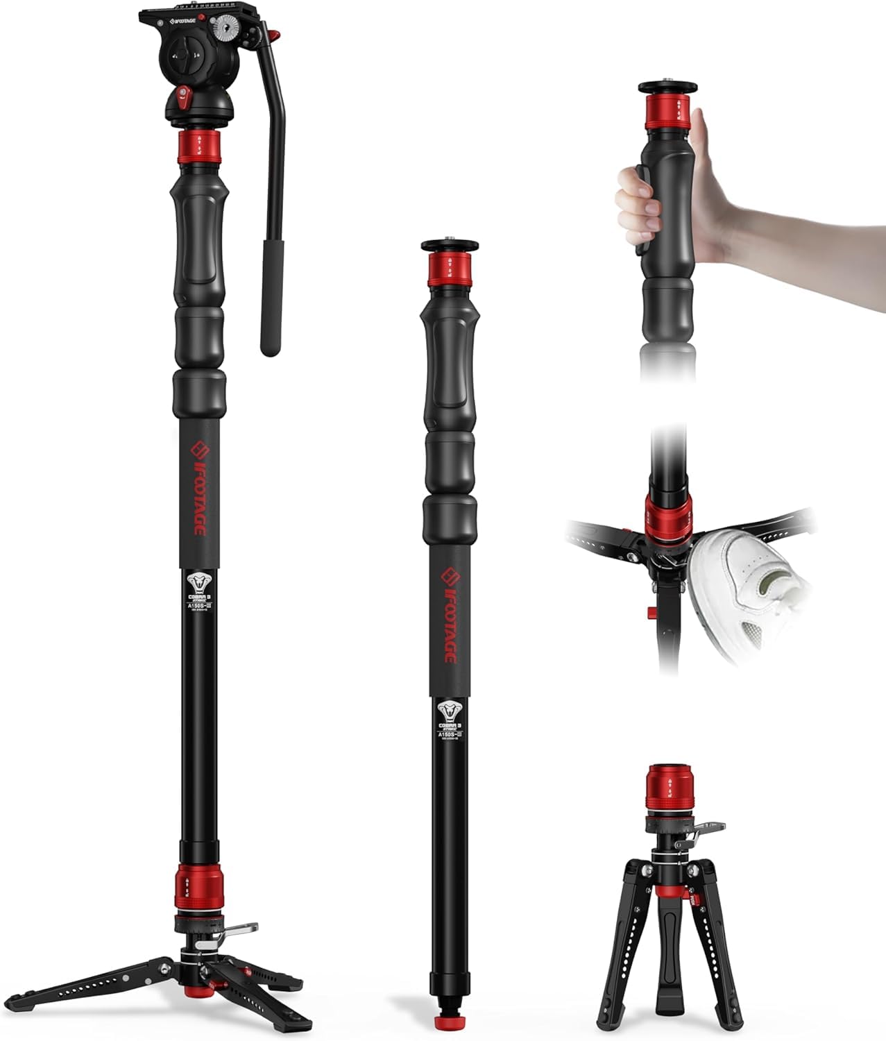 IFOOTAGE Cobra 3 Strike カメラ一脚 A150S-III 取り外し可能な三脚ベース付きワンタッチ昇降一脚、K5Sフルード雲台、可搬重量5kg、高さ150cm、人間工学に基づいたデザイン＆ペダルロックシステム