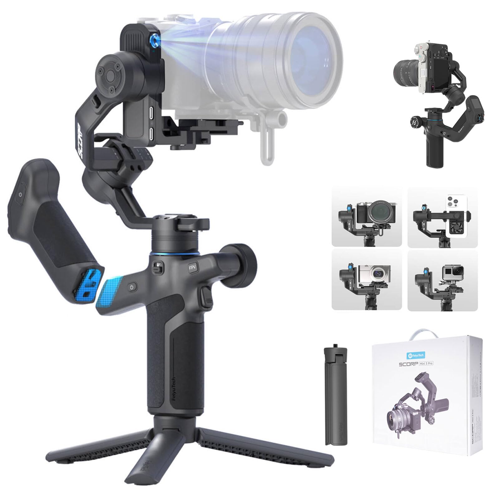 FeiyuTech SCORP Mini 3-PRO 3軸ジンバルカメラスタビライザー 18メートル360°AI追跡 積載量2Kg 取り外し可能なハンドル Bluetoothシャッター/有線制御 縦向き撮影 YouTube Vlog 撮影 Sony/Ca