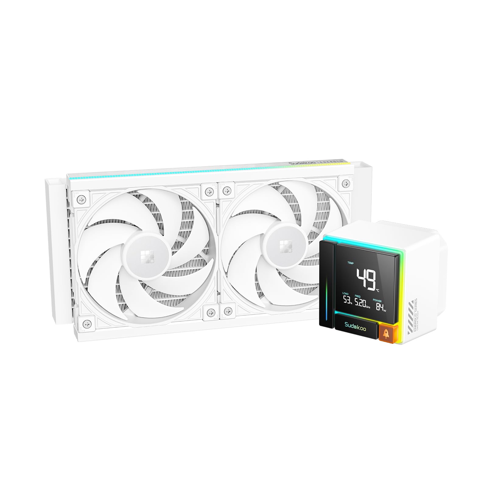 Sudokoo ENERGLO-240ホワイト 液体冷却器：データ表示＆PWMポンプ搭載 240mm AIO CPUクーラー - Intel LGA 1851/1700/1200/115X & AMD AM5/AM4対応 2 x 120mm 水冷ユニット