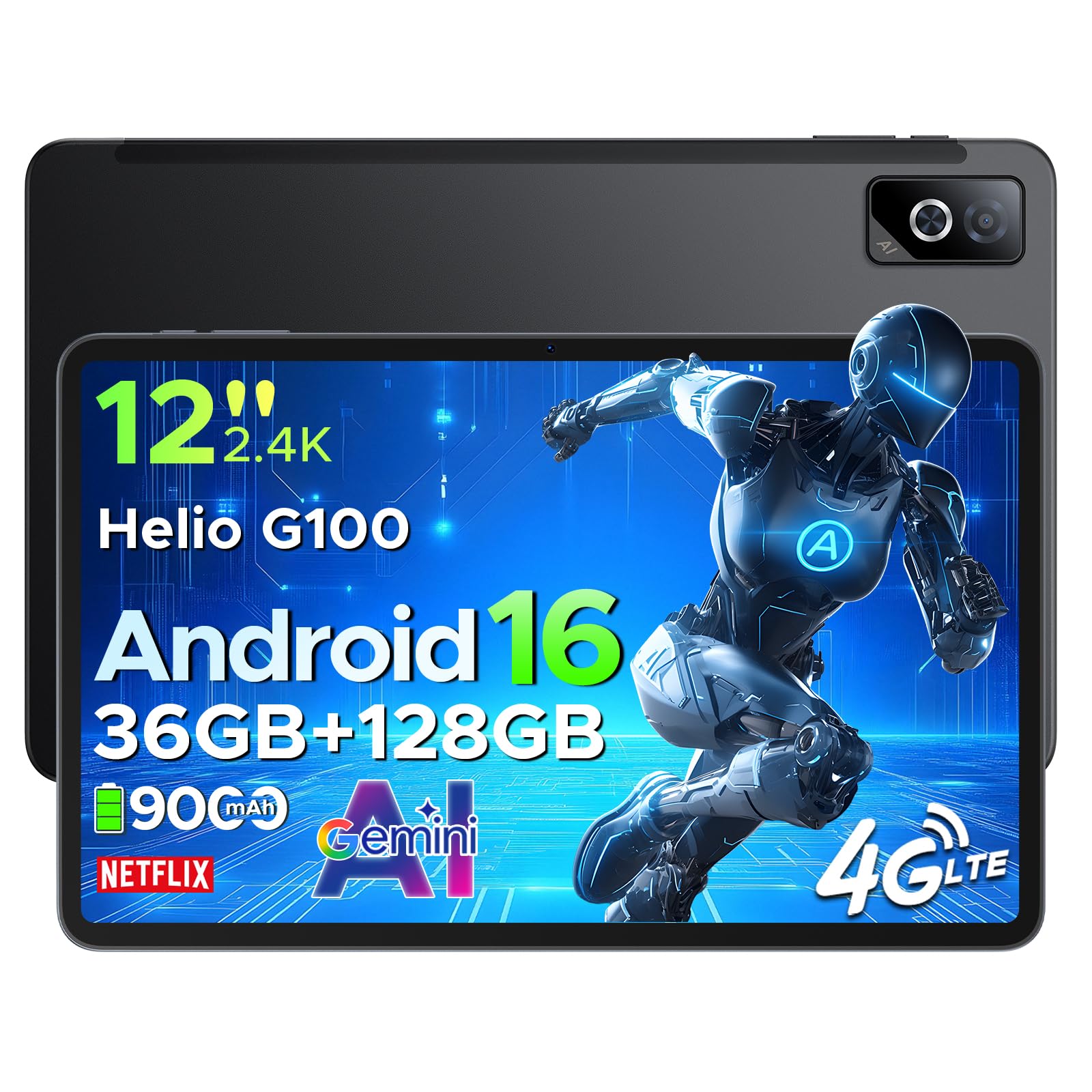 TABG6PRO SIMフリー Android16 12インチ タブレット 2K 90Hzディスプレイ 36GB RAM+128GB ROM 9000mAh 大容量バッテリー 8コア G100高性能CPU 5