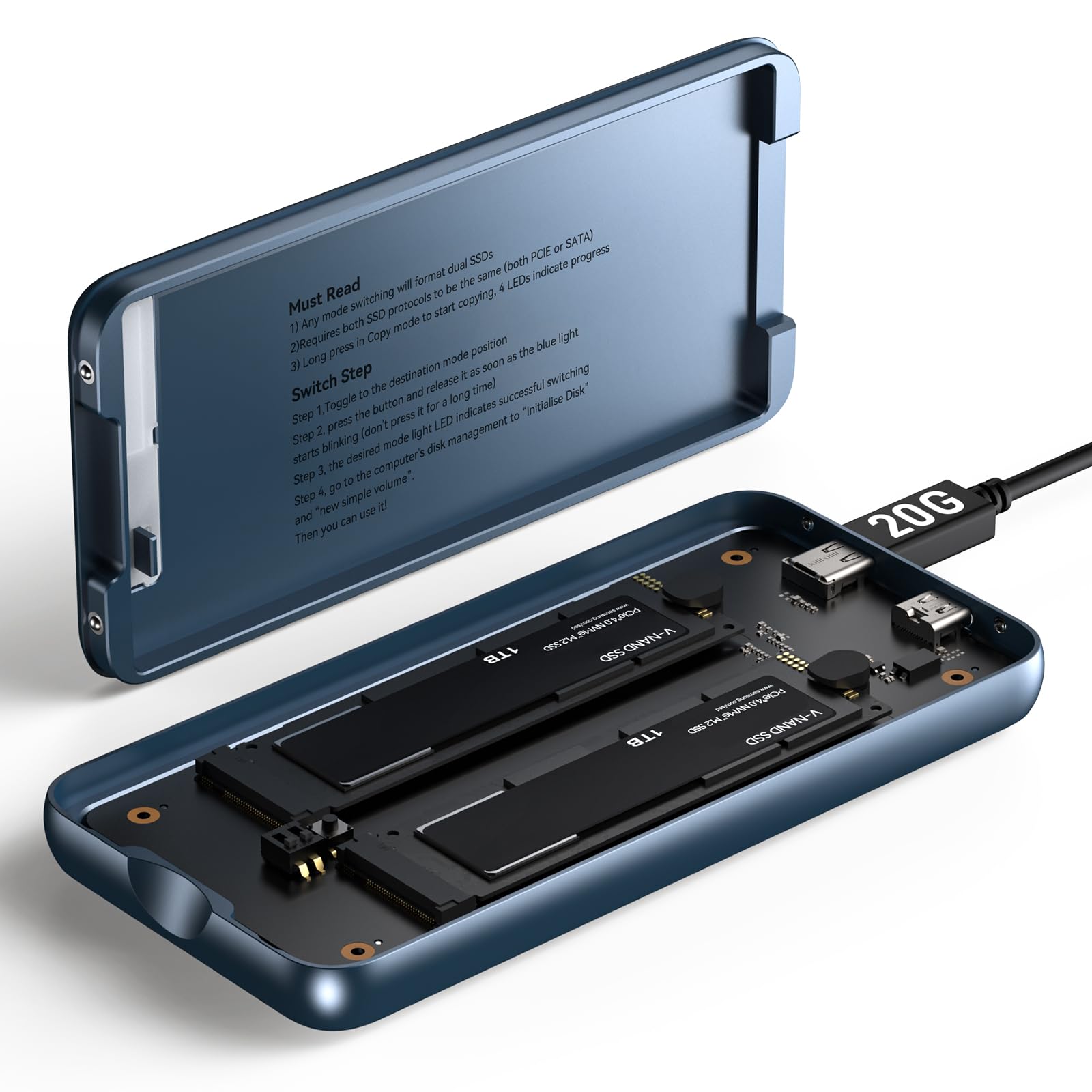 M.2 NVMe デュアルベイ エンクロージャー：RAID 0/1/JBOD・クローン機能完全対応。20Gbps高速転送でオフライン複製も可能なHDD/SSD複製機。