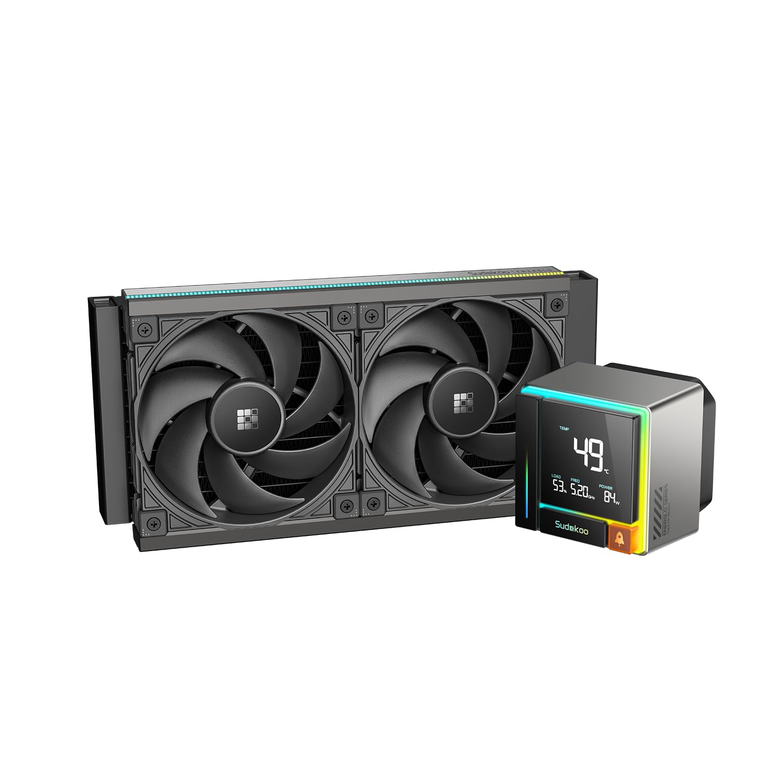 Sudokoo ENERGLO 240 液体冷却器：データ表示＆PWMポンプ搭載 240mm AIO CPUクーラー - Intel LGA 1851/1700/1200/115X & AMD AM5/AM4対応 2 x 120mm ブラック水冷ユニット