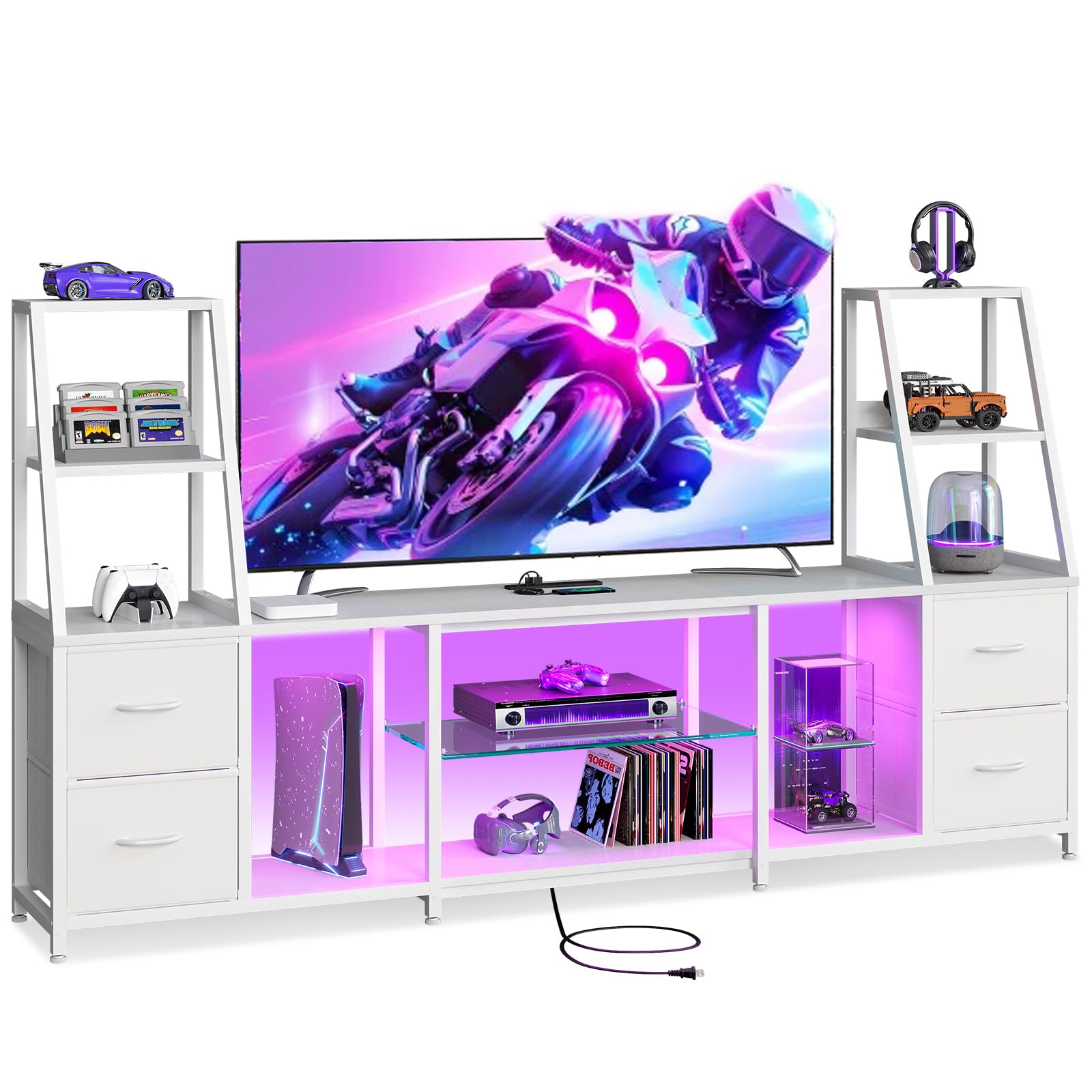 Rakuten - AODK テレビ台 55型対応 ローボード 幅220×奥行35×高さ60cm 簡単組立 耐荷重40kg 引き出し付き コンセント付き LED付き 収納棚 (ホワイト)