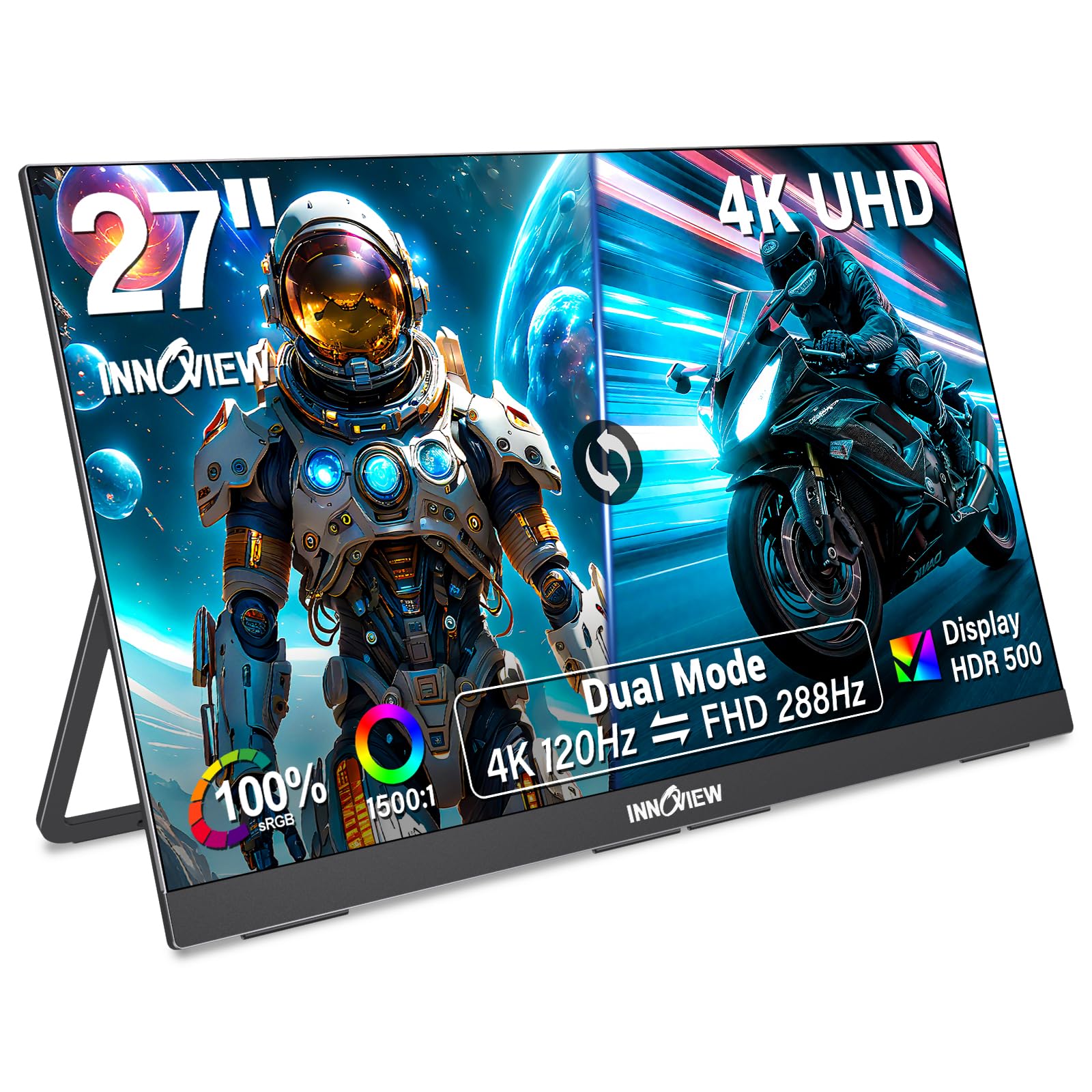 InnoView 27インチ モニター 4K@120Hz デュアルモード FHD@288Hz ゲーミングモニター HDR500 100%sRGB色域 モバイルモニター 1500:1のコントラスト比 (非光沢IPSパネル| オウルテクノロジー|イーグルアイ|