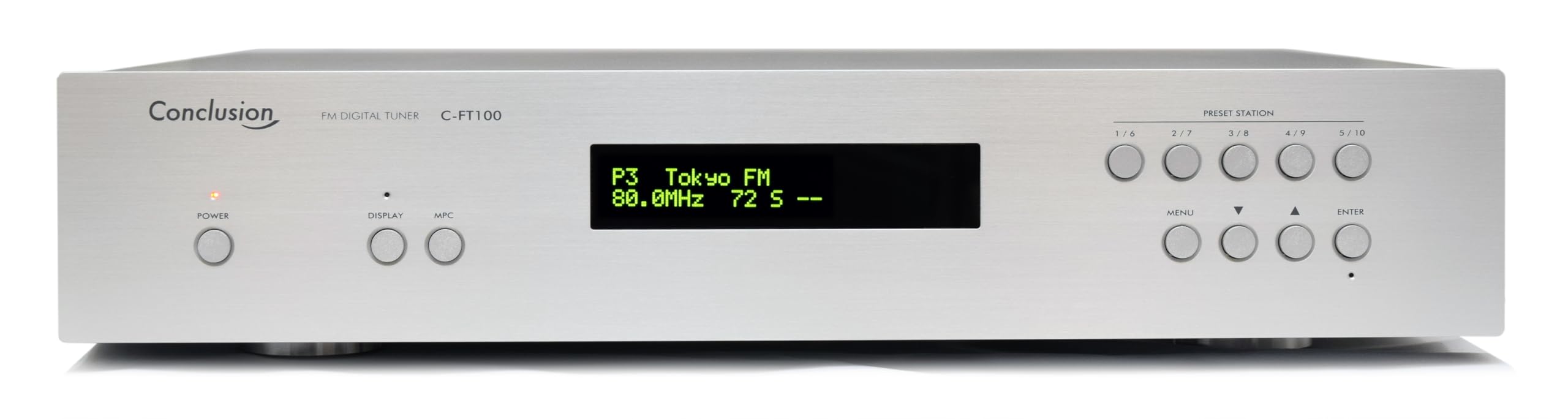 ・全高調波歪率（85dBf入力、1kHz） 0.01%（MONO）、0.02%（STEREO） SN比（85dBf入力、A補正） 90dB（MONO）、85dB（STEREO） ステレオ分離度 80dB（1kHz）、70dB（10 〜15kHz） 周波数特性 10 〜15kHz（+0.1dB、-0.5dB） 出力レベル（周波数偏移　75kHz） アナログ　0.71Vrms / デジタル　-5.8dBFS 受信周波数範囲 76.0 〜95.0MHz（0.1MHz ステップ） アンテナインピーダンス 75 Ω不平衡（F 型コネクタ） FM 検波方式 デジタル検波方式（CORDIC） ステレオ復調方式 デジタル復調方式（マトリクス方式） デジタル音声出力 同軸× 1 系統（48 〜192kHz）、光（TOSLINK）× 1 系統（48 〜96kHz）、AES/EBU × 1 系統（48 〜192kHz） アナログ音声出力 アンバランス（RCA 1.5k Ω）× 1 系統 電源 AC100V（50/60Hz） 消費電力 5W 外形寸法 W430×H80×D320mm 重量 5.3kg 付属品 RCAケーブル・電源ケーブル・小型リモコン