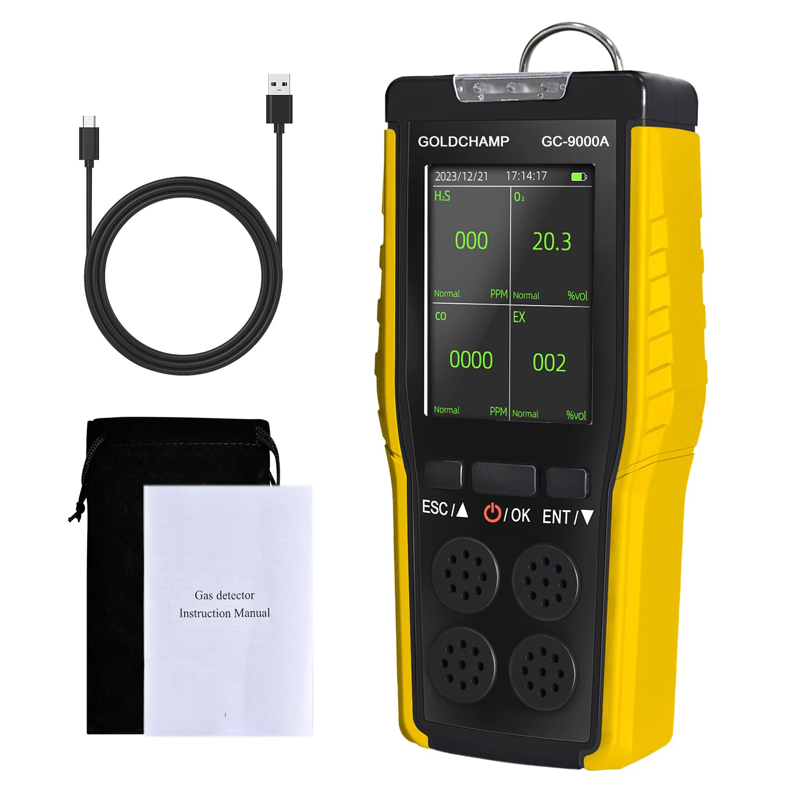 複合ガス測定器4 in 1 ガス検知器、携帯型 H2S、O2、CO、EX 用マルチガス検知器、音/光/振動、高/低アラーム設定、LCD ディスプレイ、2500mAh 充電式、化学産業、冶金用 (日本語説明書付き) GC-9000A