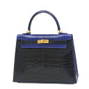 エルメス HERMES ケリー25 外縫い クロコアリゲーター バイカラー エレクトリック/サフィール U刻印【中古】