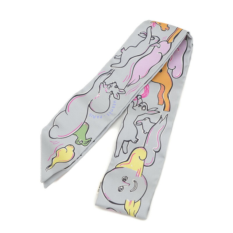 エルメス HERMES ツイリー 千と一のウサギ Mille Lapins グリスパール/ローズ/ジョーヌ シルク100%【中古】