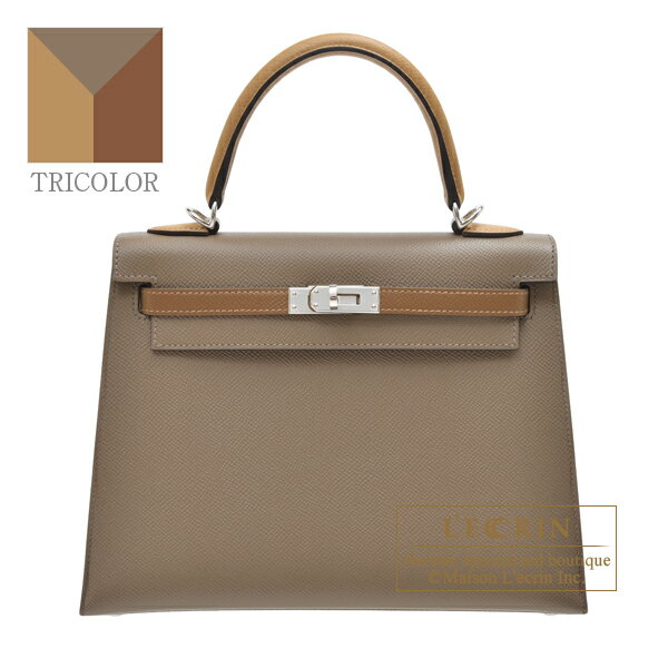 エルメス　ケリートリコロール25/外縫い　エトゥープ/アルザン/ビスキュイ　ヴォーエプソン　シルバー金具　HERMES　Kelly Tricolore bag 25　Sellier　Etoupe grey/Alezan/Biscuit　Epsom leather　Silver hardwareのサムネイル