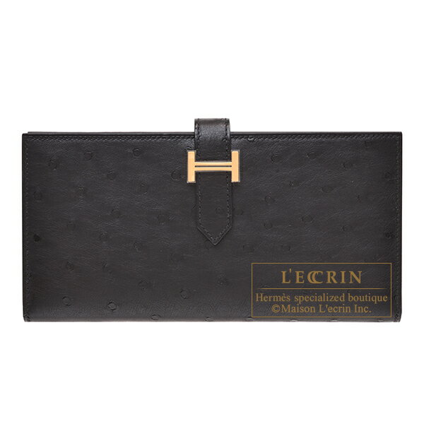 オーストリッチ エルメス　ベアンスフレ　ブラック　オーストリッチ　ゴールド金具　HERMES　Bearn Soufflet　Black　Ostrich leather　Gold hardware