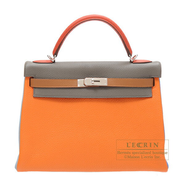 エルメス　ケリー アルルカン 32　内縫い　オレンジ/エタン/サンギーヌ　トリヨンクレマンス　シルバー金具 【Luxury Brand Selection】　Hermes Kelly arlequin bag 32 retourne　Tri-color Orange/Etain grey/Sanguine　Clemence leather