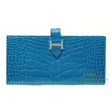 エルメス　ベアンスフレ　ブルーイズミール　クロコダイル　アリゲーター　シルバー金具　HERMES　Bearn Soufflet　Blue izmir　Alligator　crocodile skin　Silver hardware