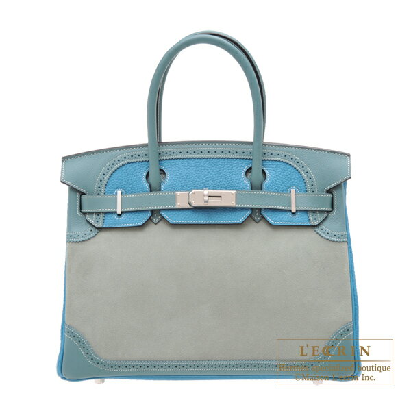 エルメス　バーキンギリーズ30　シエル/ターコイズ　グリズリー/トリヨンクレマンス/エバーカラー　シルバー金具　HERMES　Birkin Ghillies bag 30　Ciel/Turquoise blue　Grizzly leather/Clemence leather/Evercolor leather　Silver hardware