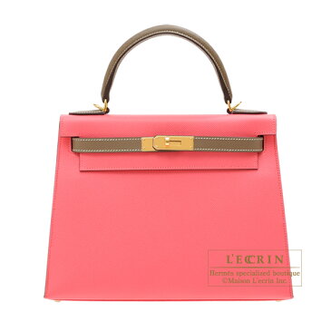 エルメス　パーソナルケリー28/外縫い　ローズアザレ/エトゥープ　ヴォーエプソン　ゴールド金具　HERMES　Personal Kelly bag 28　Sellier　Rose azalee/Etoupe grey　Epsom leather　Gold hardware