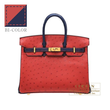 エルメス　パーソナルバーキン25　ルージュヴィフ/ブルーアイリス　オーストリッチ　ゴールド金具　HERMES　Personal Birkin bag 25　Rouge vif/Blue iris　Ostrich leather　Gold hardware