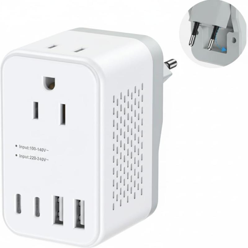 220Vから100V 変圧器 変換プラグ Cタイプ 海外旅行用 変換 2 個AC差込口 2つUSBポートと2つType-Cポート付き 韓国/イタリア/スペイン/ドイツ/ベトナム/オーストリアヨーロッパなどの国に対